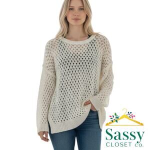 Stitch Fix New In Cream Open Knit Crew Neck Sweater Lightweight Women’s Sz L NEW